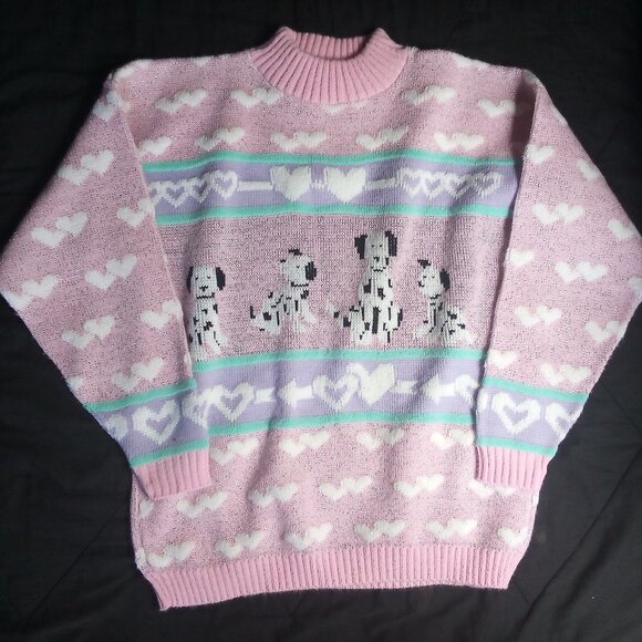 Vintage Adele Knitwear Dalmatians Hearts AOP Crewneck Sweater CUTE - Picture 2 of 6